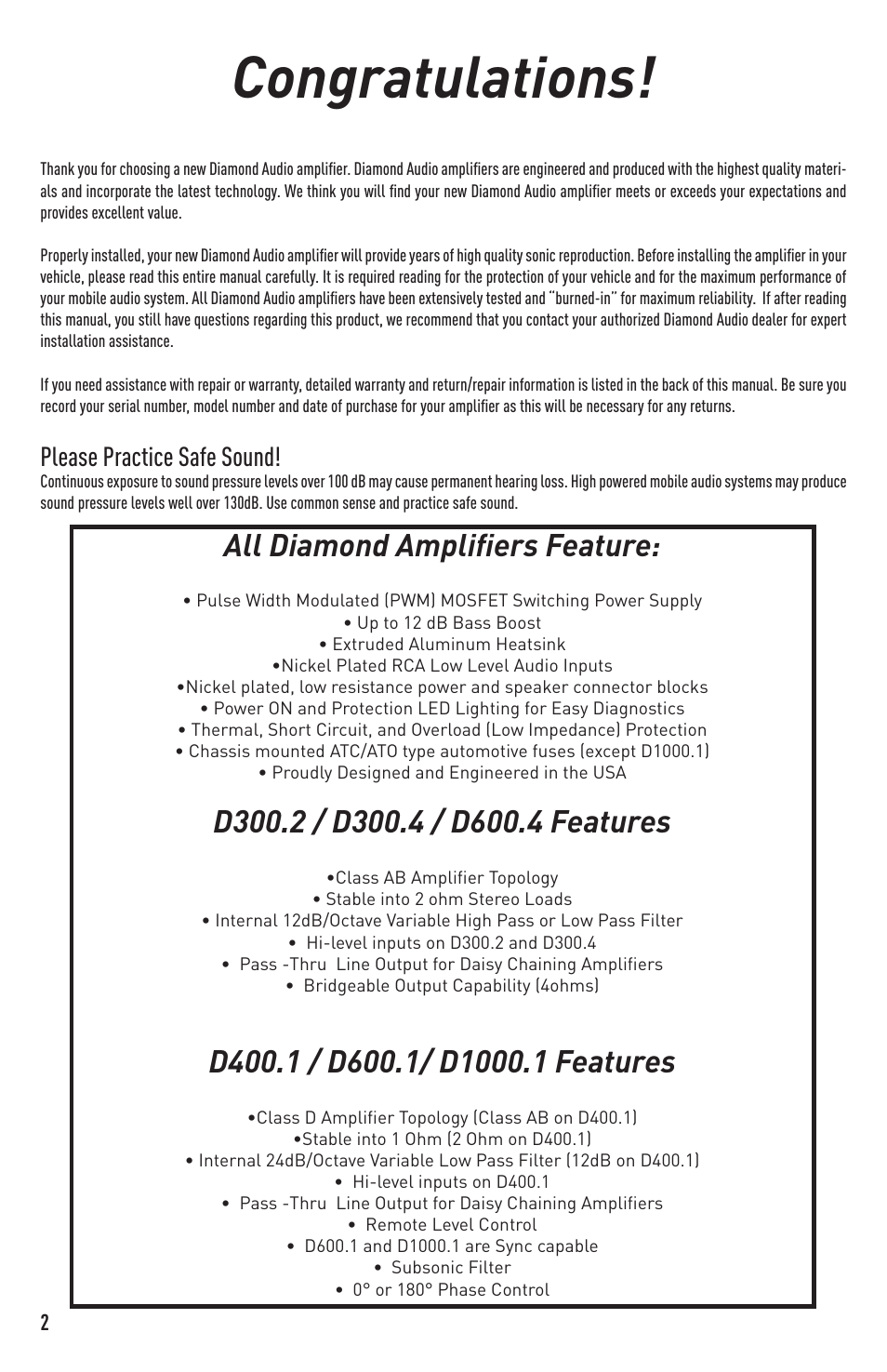 All diamond amplifiers feature, Please practice safe sound | Diamond D400.1 User Manual | Page 2 / 16