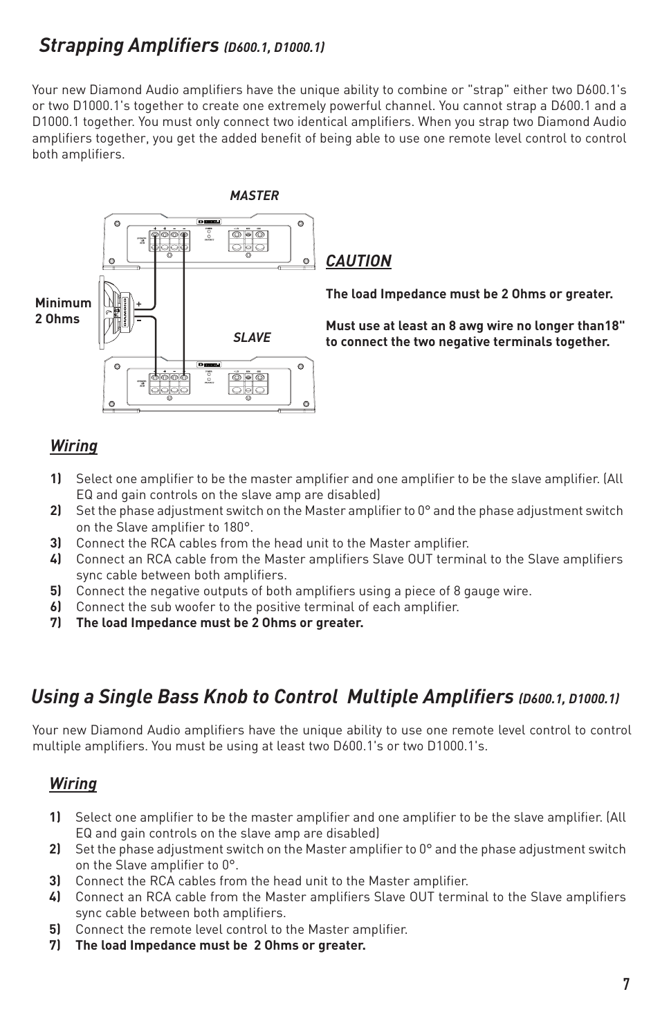 Strapping amplifiers, Wiring, Caution | Diamond D400.1 User Manual | Page 7 / 16