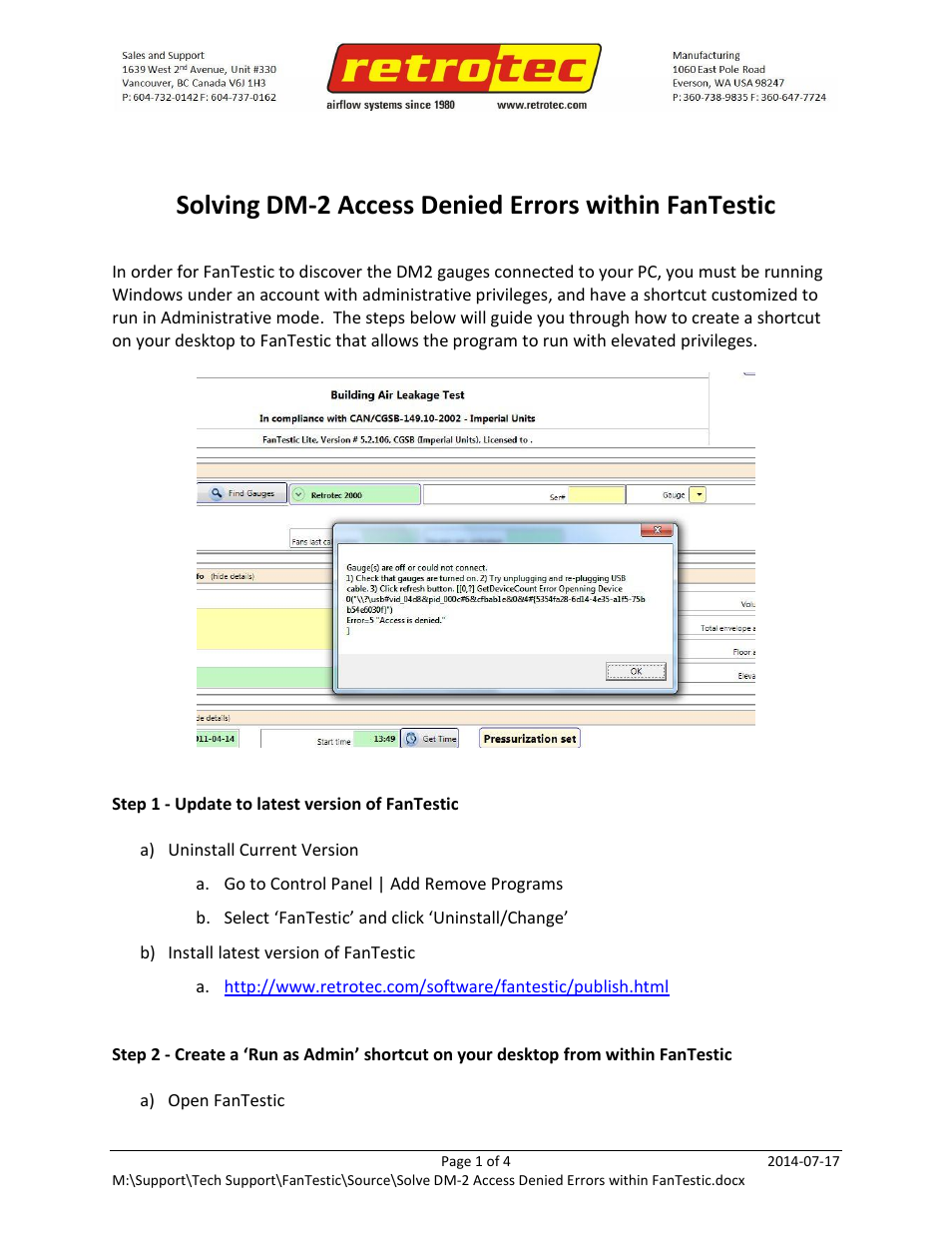Retrotec Fix DM-2 to FanTestic connection Error 5 (Access Denied) User Manual | 4 pages