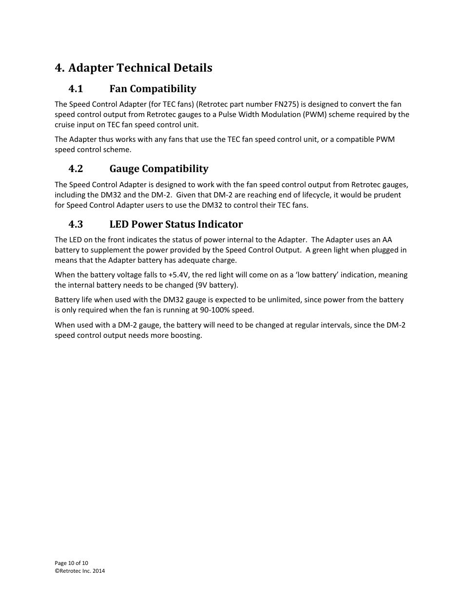 Adapter technical details, Fan compatibility, Gauge compatibility | Led power status indicator | Retrotec Speed Control Adapter (for TEC fans) User Manual | Page 10 / 10