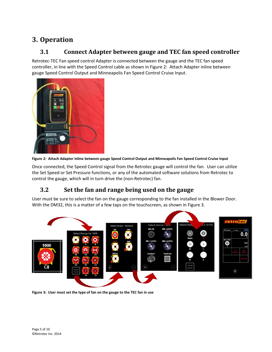 Operation, Set the fan and range being used on the gauge | Retrotec Speed Control Adapter (for TEC fans) User Manual | Page 5 / 10