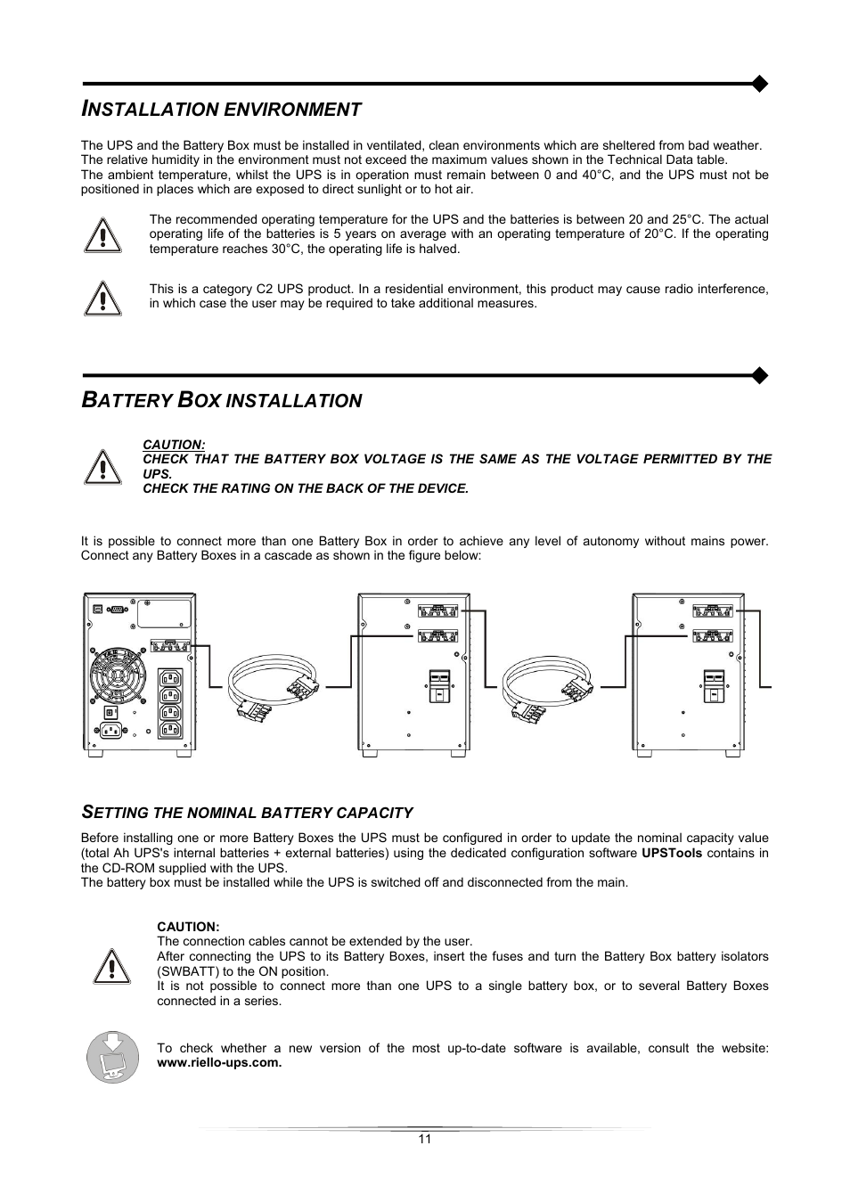 Nstallation environment, Attery, Ox installation | Riello UPS Sentinel Pro (700 - 3000 VA) User Manual | Page 11 / 26