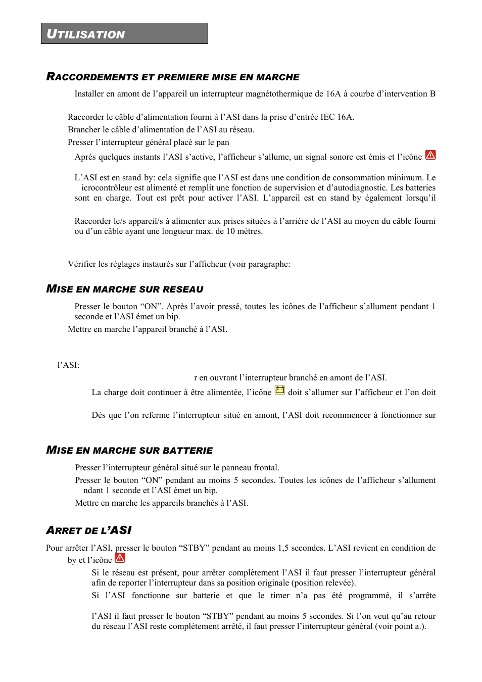 Tilisation, Accordements et premiere mise en marche, Ise en marche sur reseau | Ise en marche sur batterie, Rret de l | Riello UPS Sentinel Dual (High Power) (3.3 - 10 kVA) User Manual | Page 102 / 146