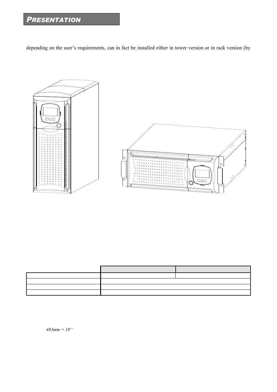 Resentation, Tower rack | Riello UPS Sentinel Dual (High Power) (3.3 - 10 kVA) User Manual | Page 44 / 146