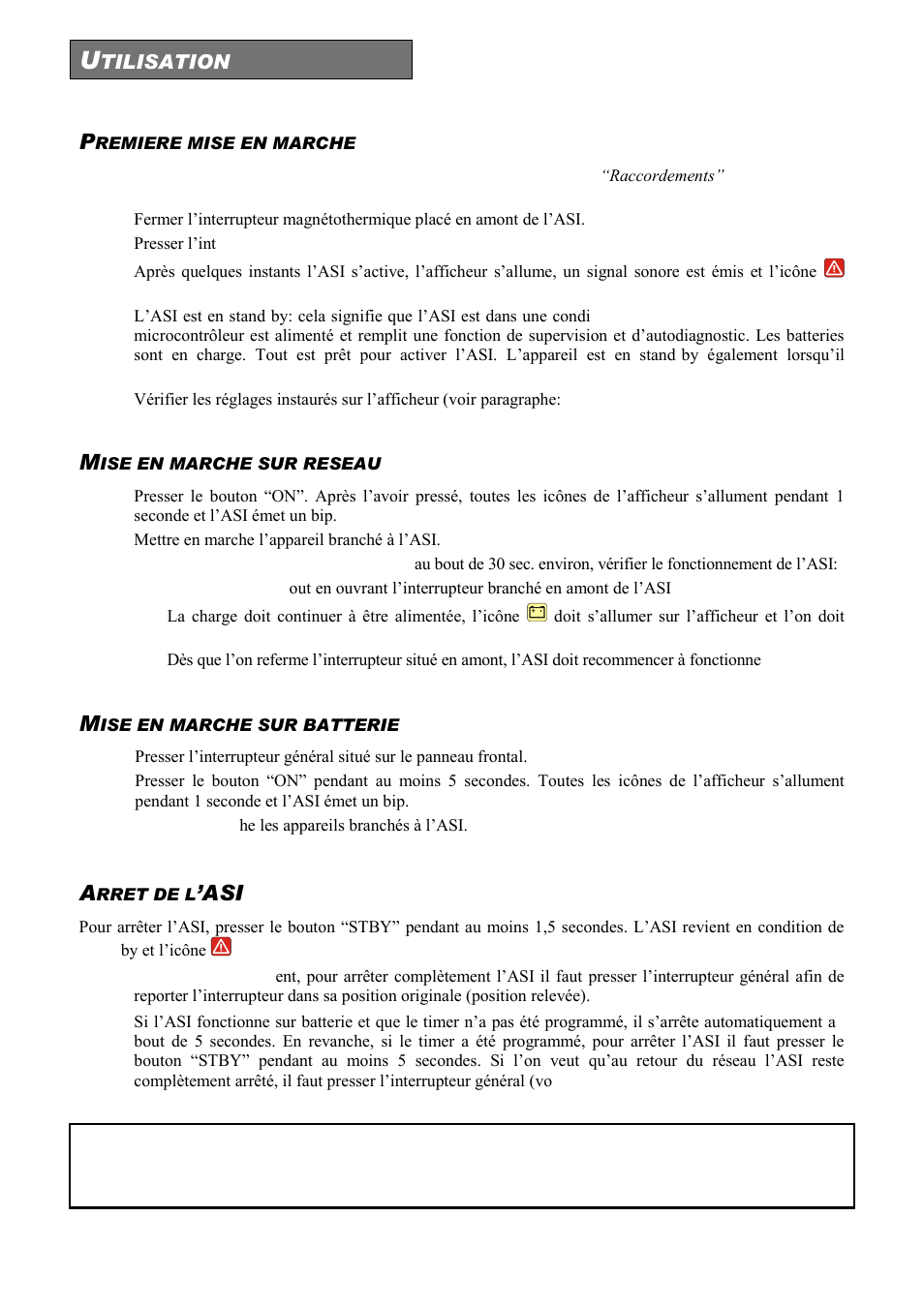 Remiere mise en marche, Ise en marche sur reseau, Ise en marche sur batterie | Rret de l | Riello UPS Sentinel Dual (High Power) (3.3 - 10 kVA) User Manual | Page 110 / 156