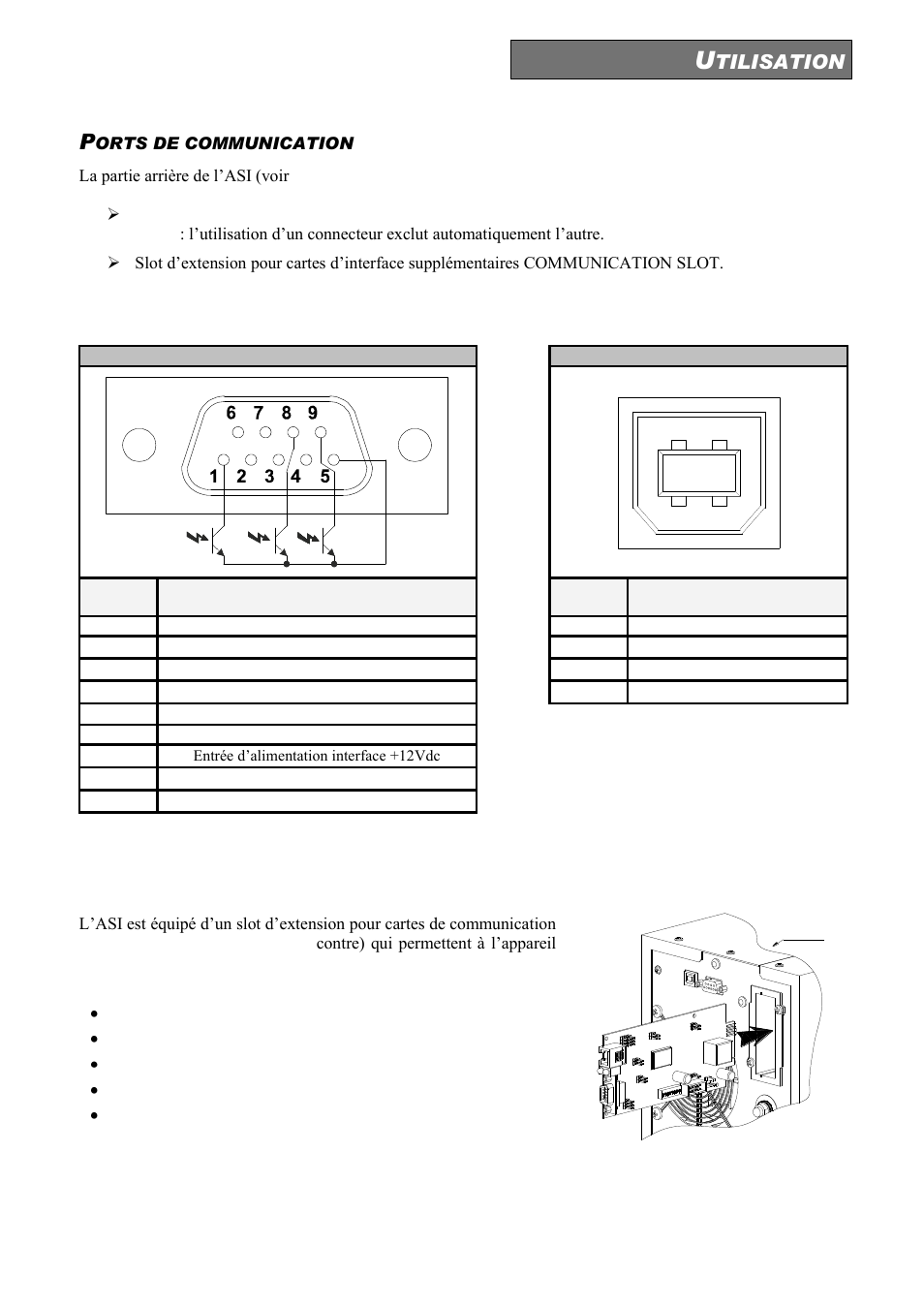 Orts de communication, Connecteurs rs232 et usb, Slot de communication | Tilisation, Slot, Ommunication | Riello UPS Sentinel Dual (High Power) (3.3 - 10 kVA) User Manual | Page 117 / 156