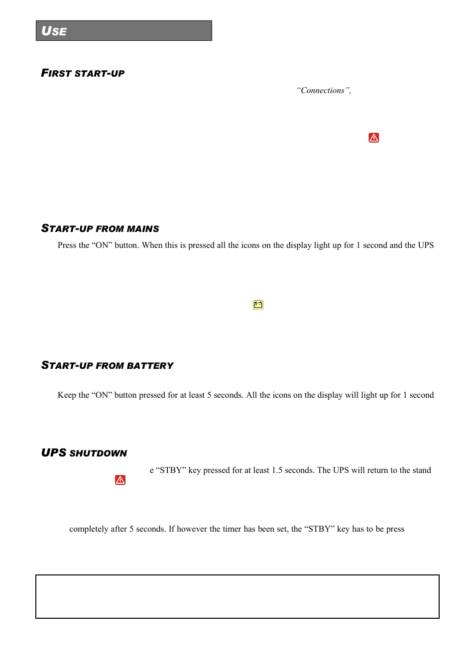 Irst start, Tart, Up from mains | Up from battery, Shutdown | Riello UPS Sentinel Dual (High Power) (3.3 - 10 kVA) User Manual | Page 54 / 156