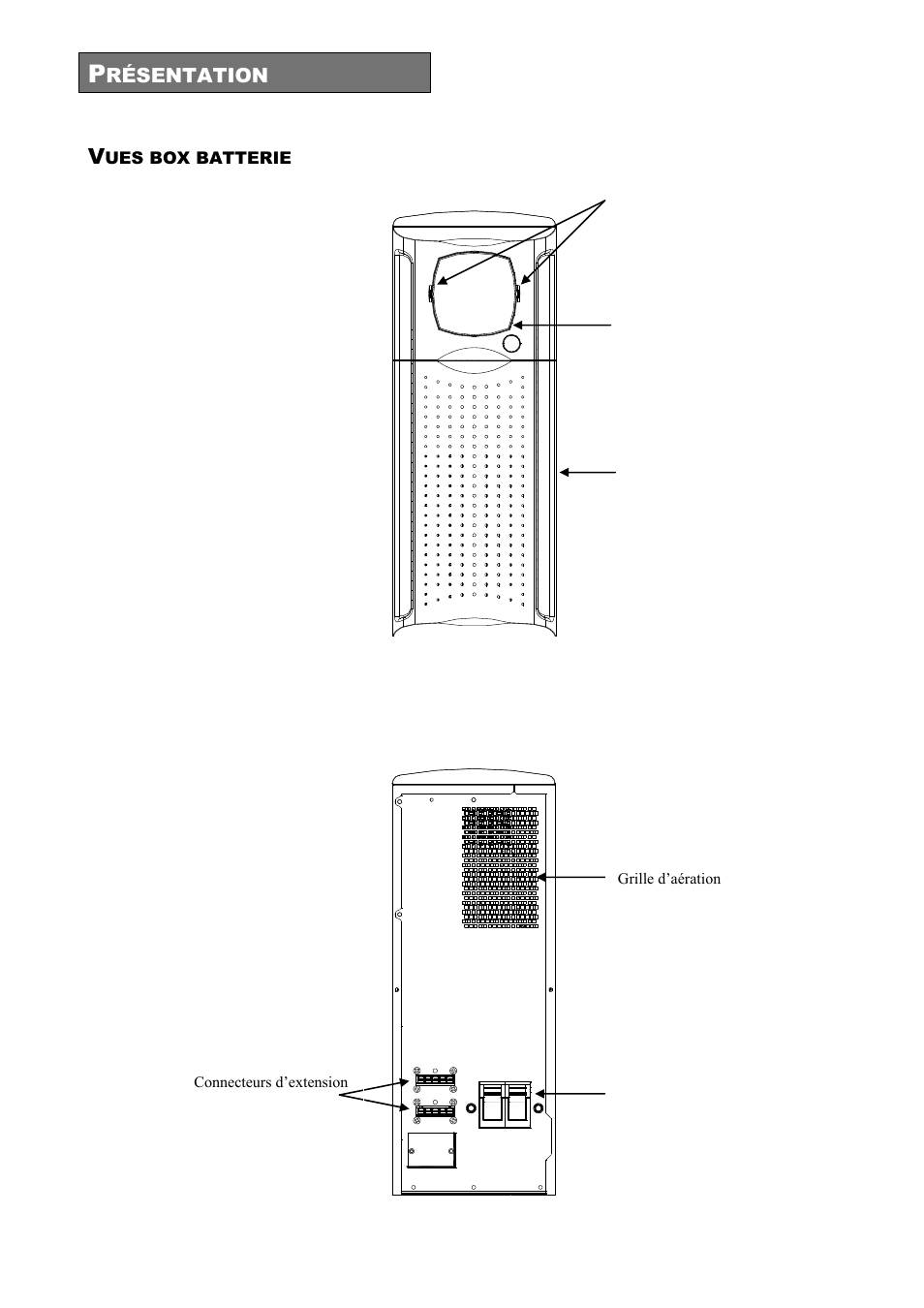 Ues box batterie, Vue arrière, Vue de face | Riello UPS Sentinel Dual (High Power) (3.3 - 10 kVA) User Manual | Page 128 / 196