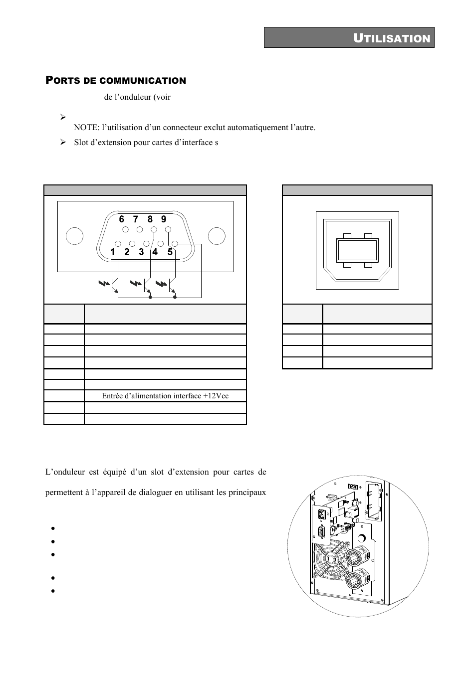 Orts de communication, Connecteurs rs232 et usb, Slot de communication | Riello UPS Sentinel Dual (High Power) (3.3 - 10 kVA) User Manual | Page 149 / 196