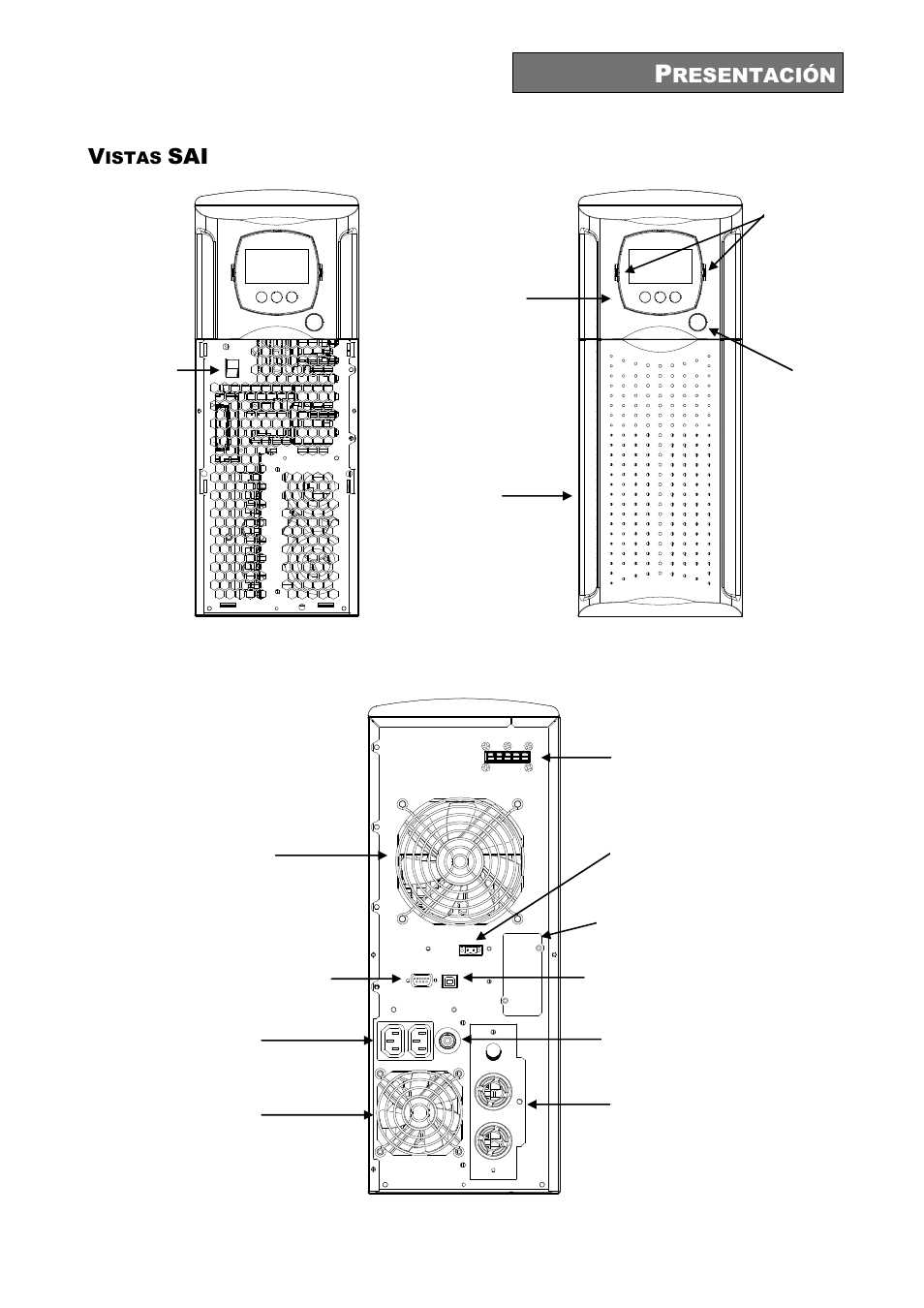 Vistas, Vista frontal, Vista posterior | Riello UPS Sentinel Dual (High Power) (3.3 - 10 kVA) User Manual | Page 163 / 196