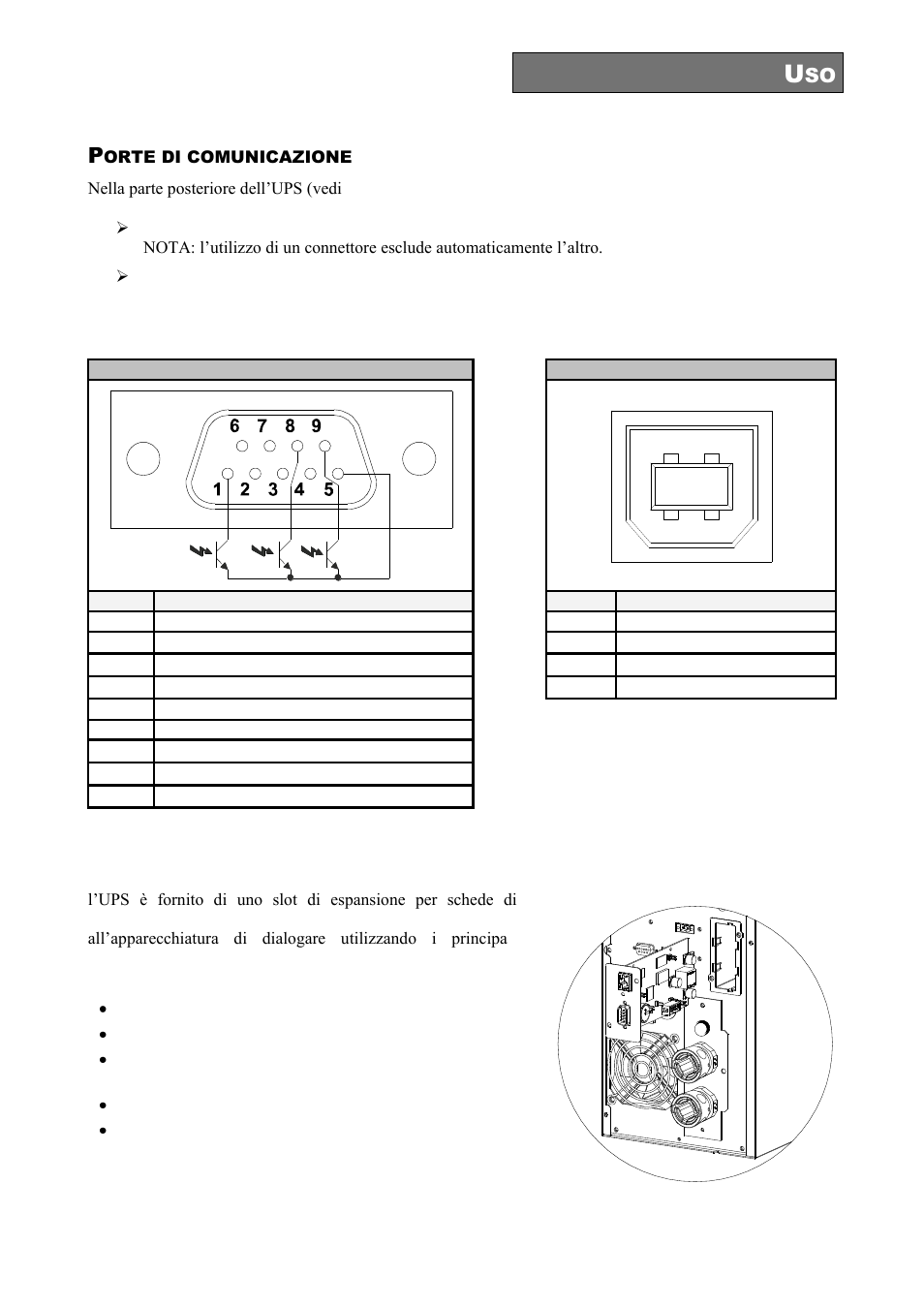 Orte di comunicazione, Connettori rs232 e usb, Communication slot | Riello UPS Sentinel Dual (High Power) (3.3 - 10 kVA) User Manual | Page 41 / 196