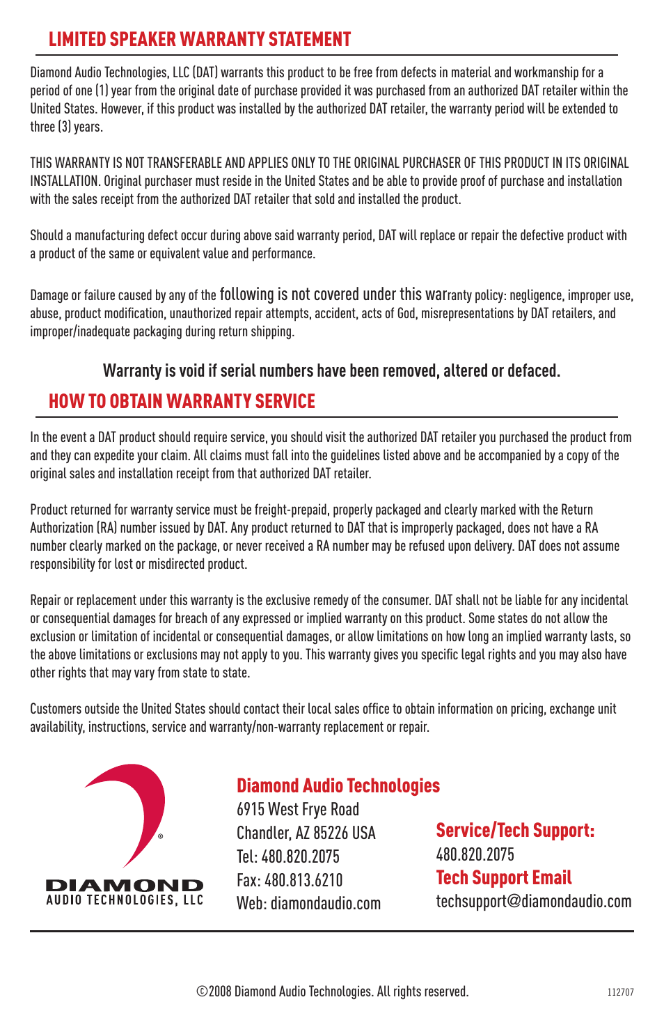 Limited speaker warranty statement, How to obtain warranty service, Diamond audio technologies | Service/tech support, Tech support email | Diamond D363.5 User Manual | Page 8 / 8