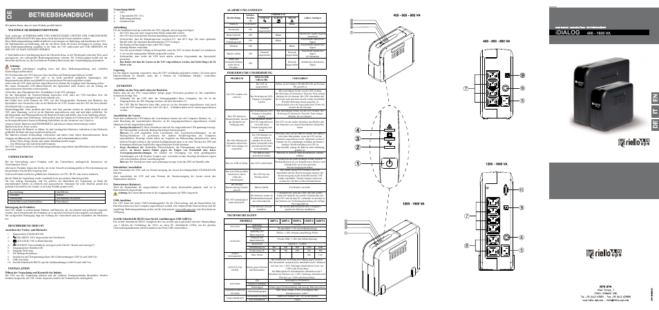 Riello UPS iDialog (400 - 1600 VA) User Manual | 2 pages