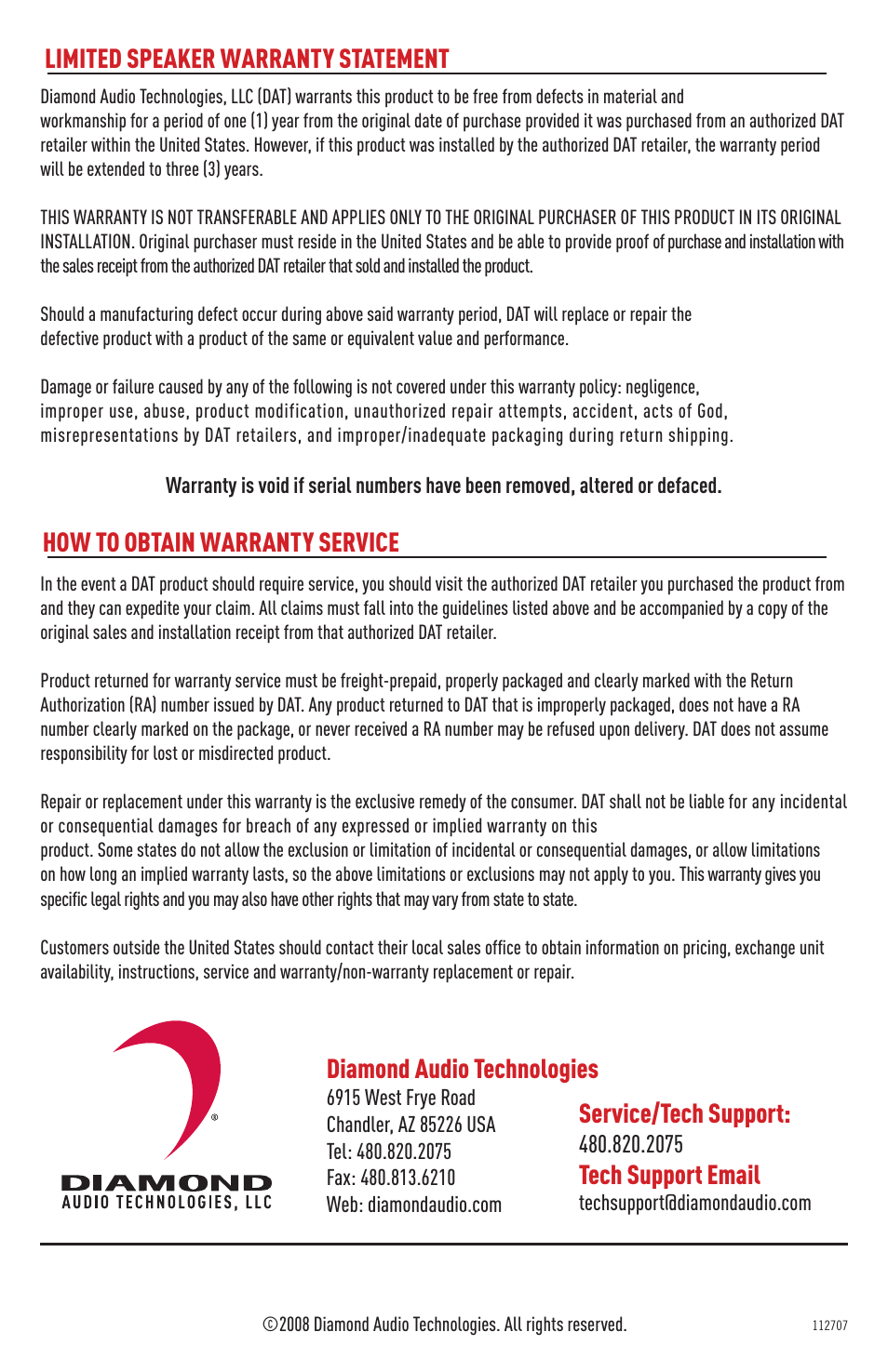 Limited speaker warranty statement, How to obtain warranty service, Diamond audio technologies | Service/tech support, Tech support email | Diamond D610 User Manual | Page 4 / 4