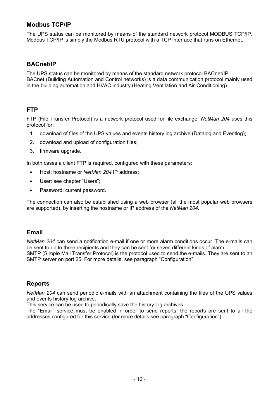 Modbus tcp/ip, Bacnet/ip, Email | Reports | Riello UPS NetMan 204 User Manual | Page 10 / 48
