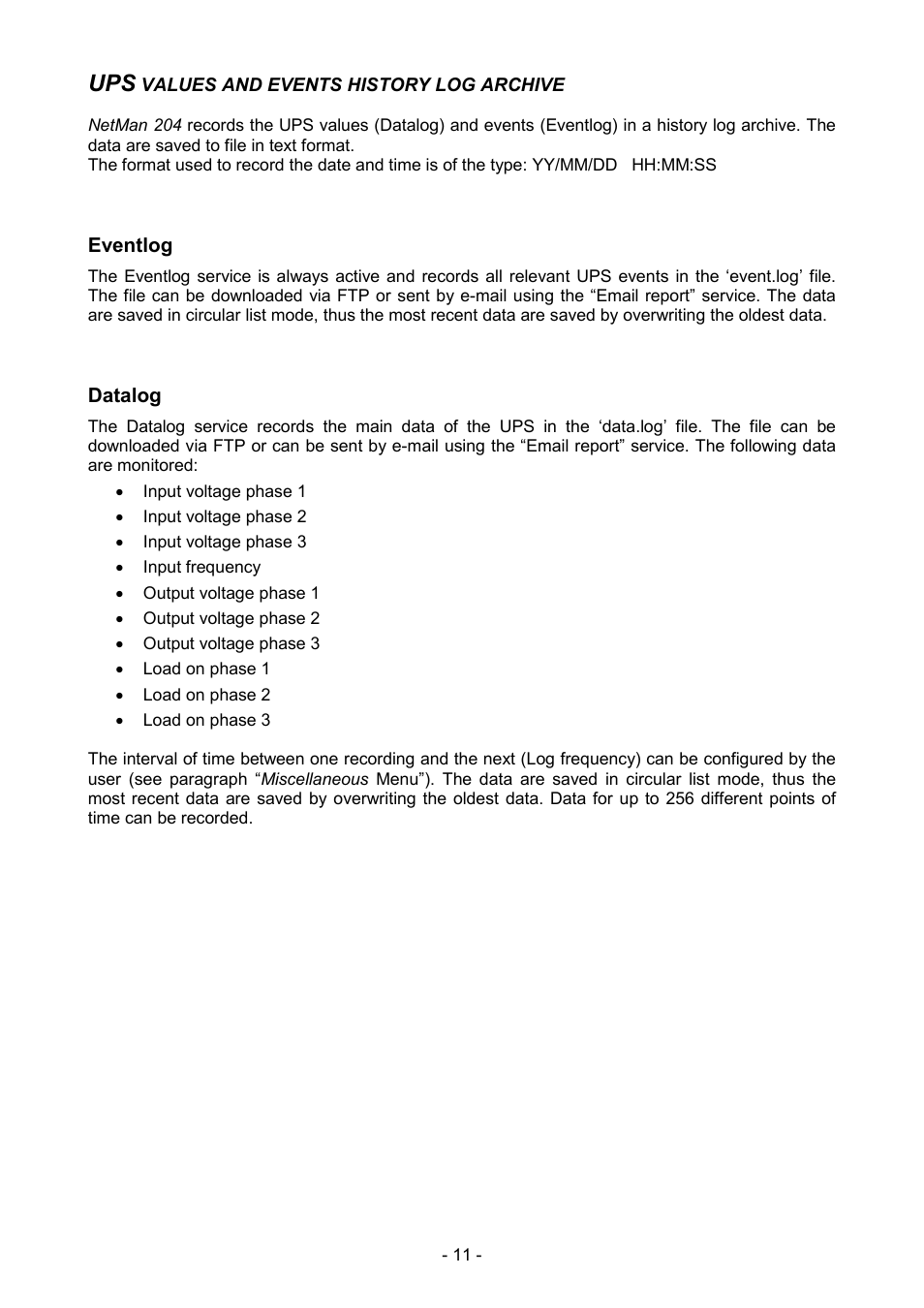 Ups values and events history log archive, Eventlog, Datalog | Riello UPS NetMan 204 User Manual | Page 11 / 48