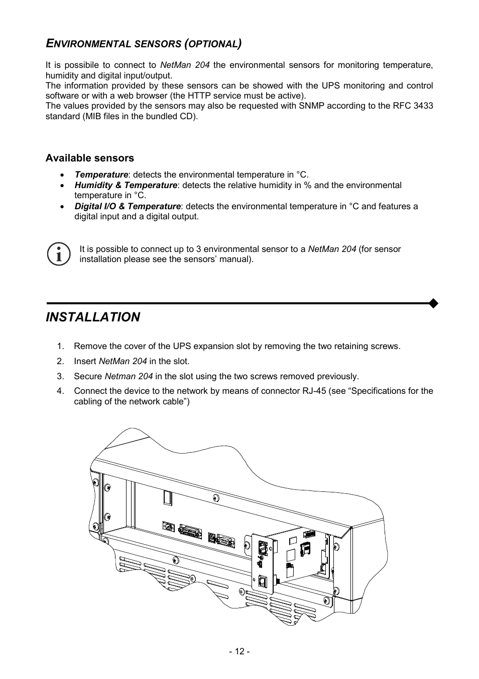Environmental sensors (optional), Available sensors, Installation | Riello UPS NetMan 204 User Manual | Page 12 / 48