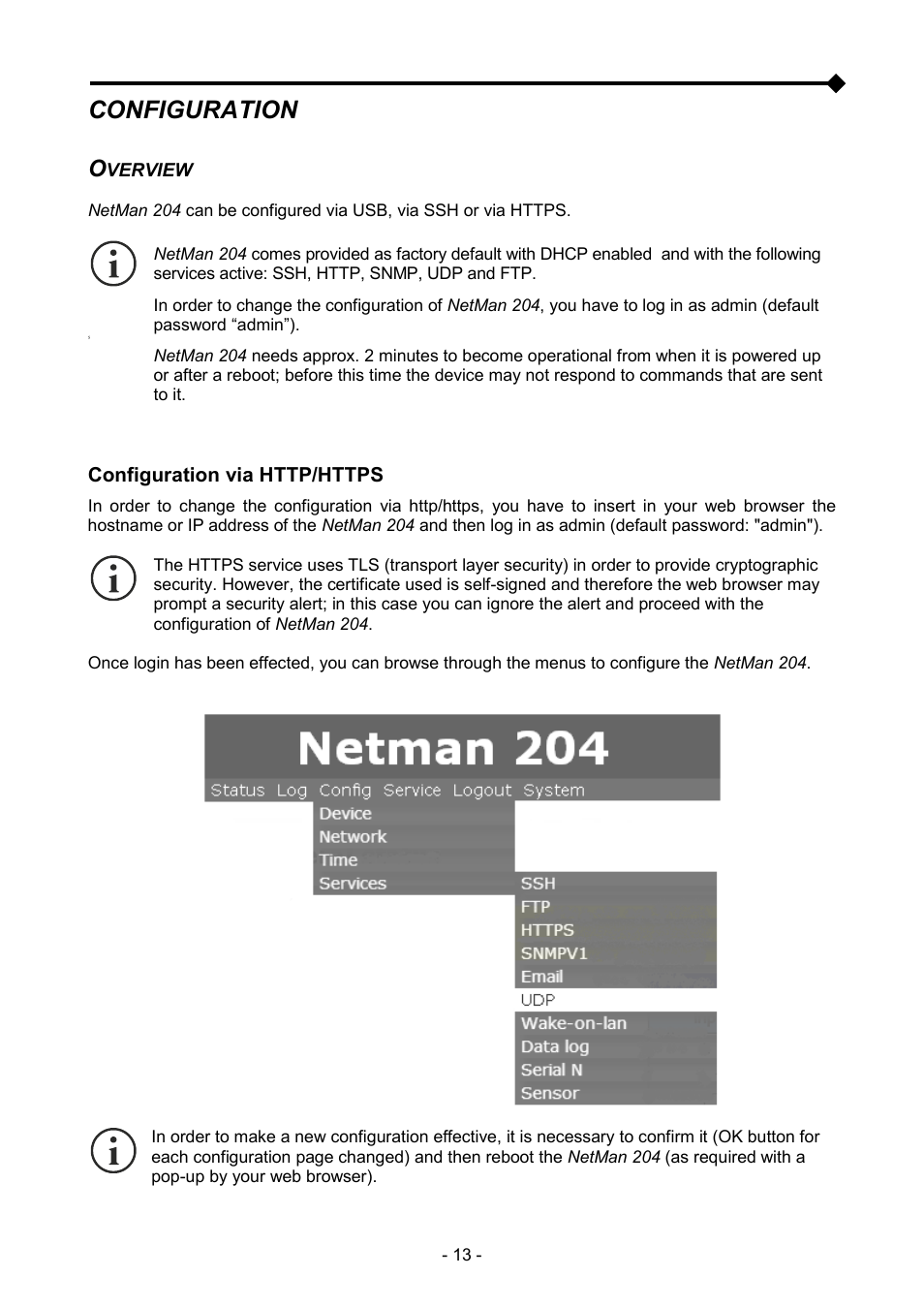 Configuration, Overview, Configuration via http/https | Riello UPS NetMan 204 User Manual | Page 13 / 48