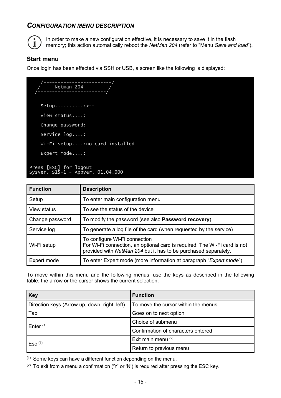 Configuration menu description, Start menu | Riello UPS NetMan 204 User Manual | Page 15 / 48