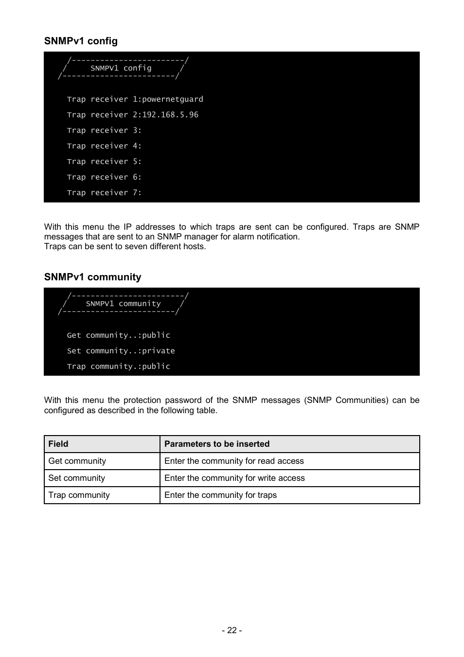 Snmpv1 config, Snmpv1 community | Riello UPS NetMan 204 User Manual | Page 22 / 48