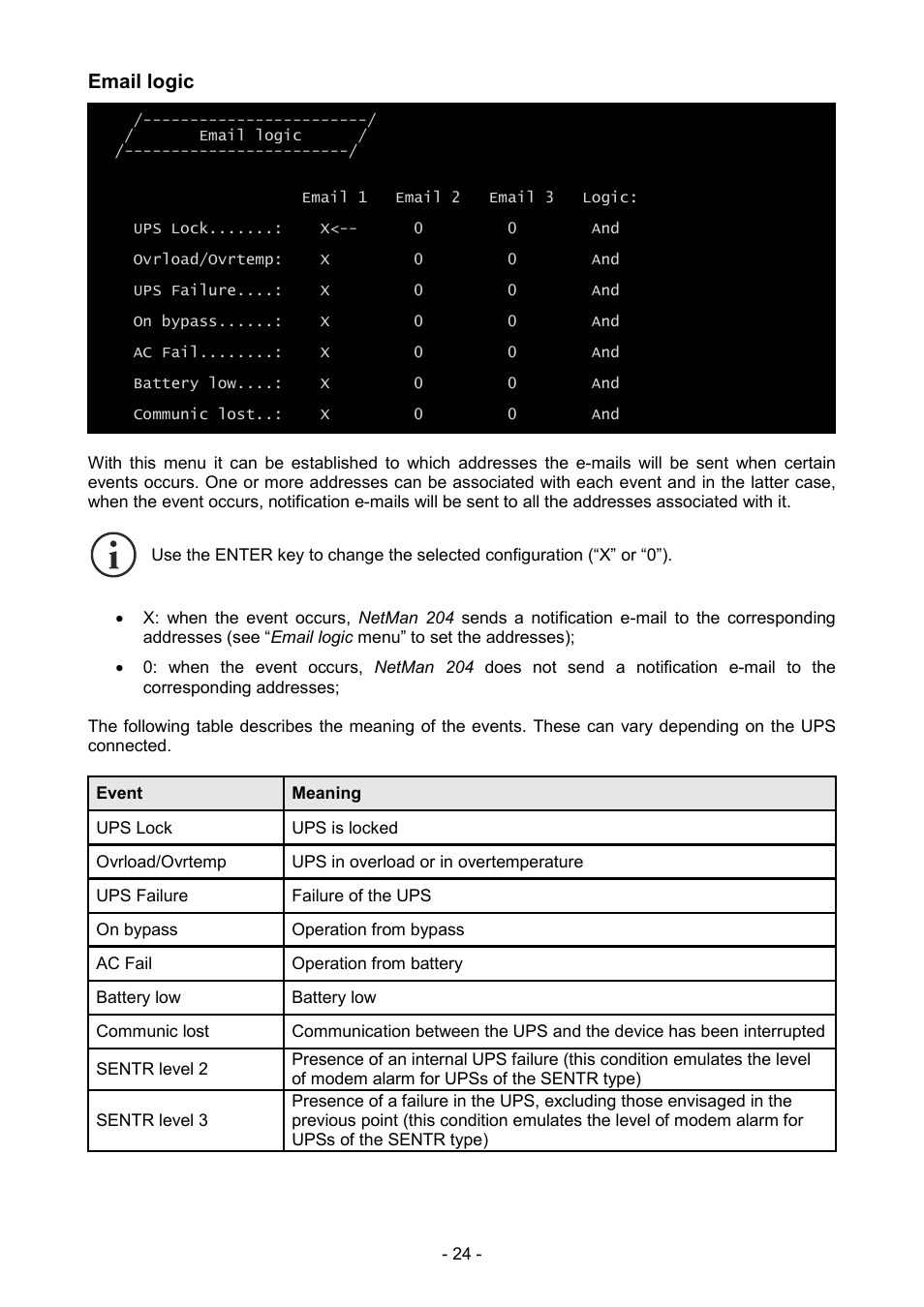 Email logic | Riello UPS NetMan 204 User Manual | Page 24 / 48