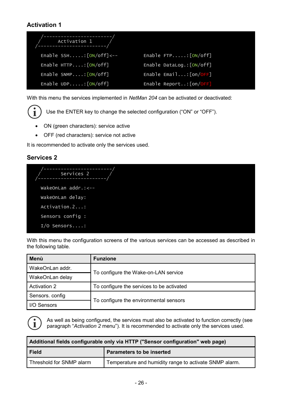 Activation 1, Services 2 | Riello UPS NetMan 204 User Manual | Page 26 / 48
