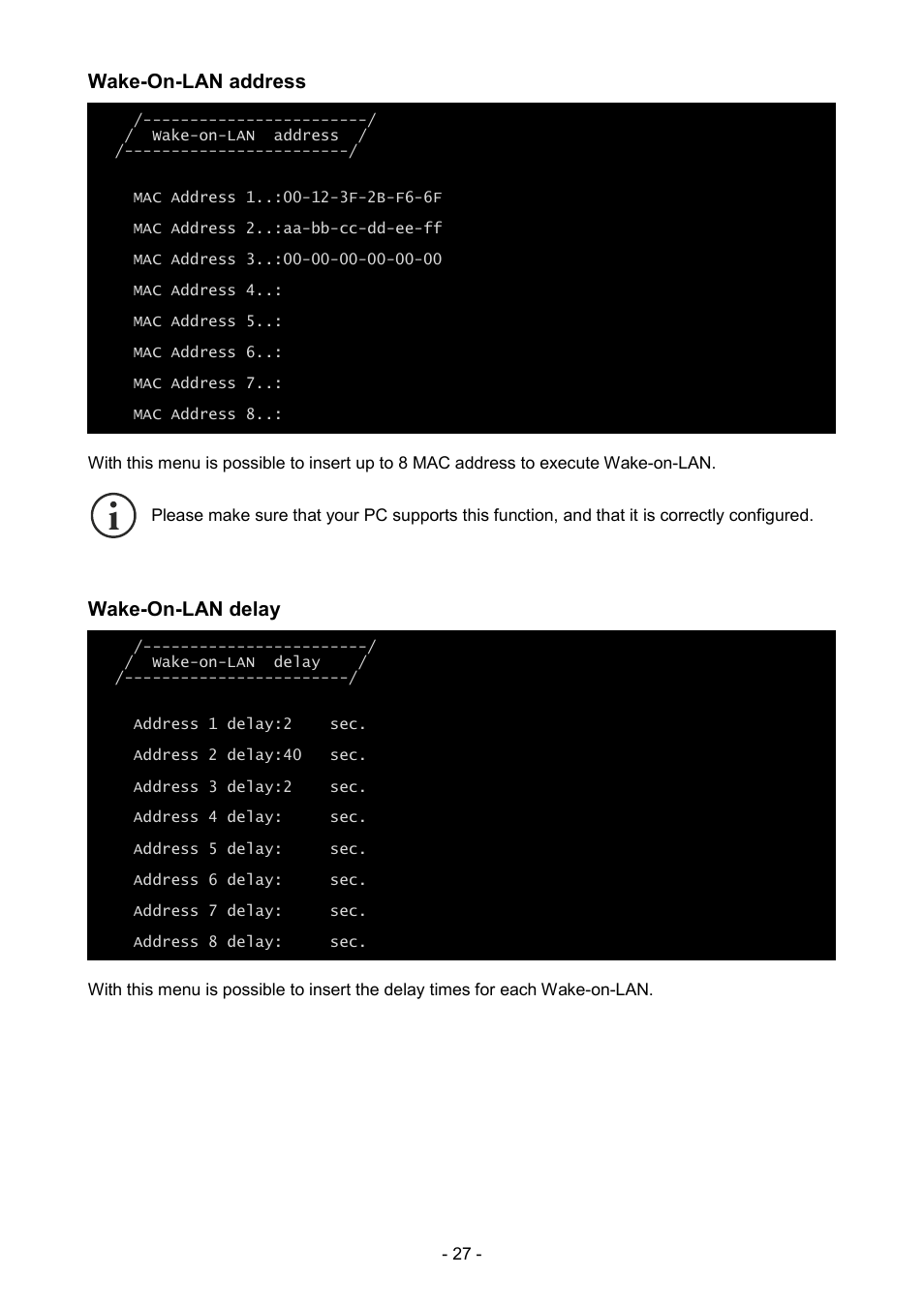 Wake-on-lan address, Wake-on-lan delay | Riello UPS NetMan 204 User Manual | Page 27 / 48