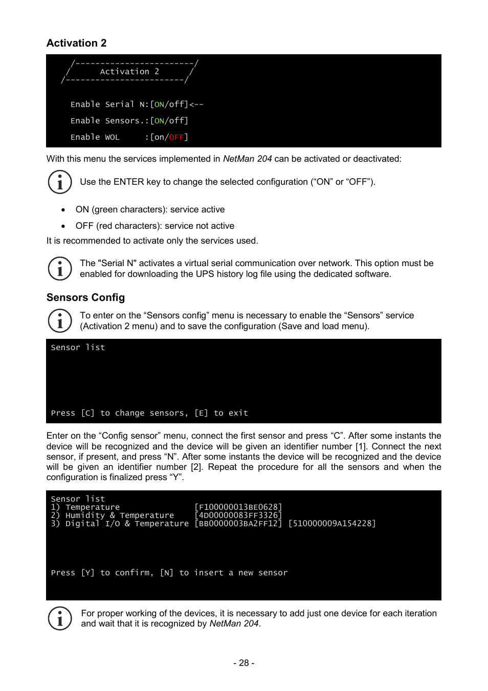 Activation 2, Sensors config | Riello UPS NetMan 204 User Manual | Page 28 / 48