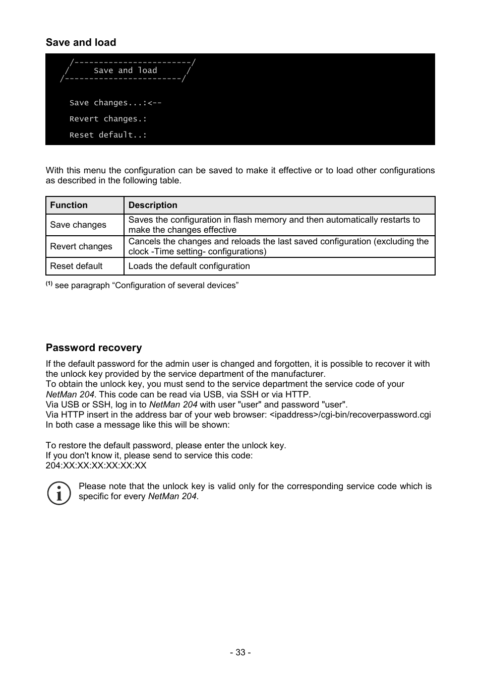 Save and load, Password recovery | Riello UPS NetMan 204 User Manual | Page 33 / 48
