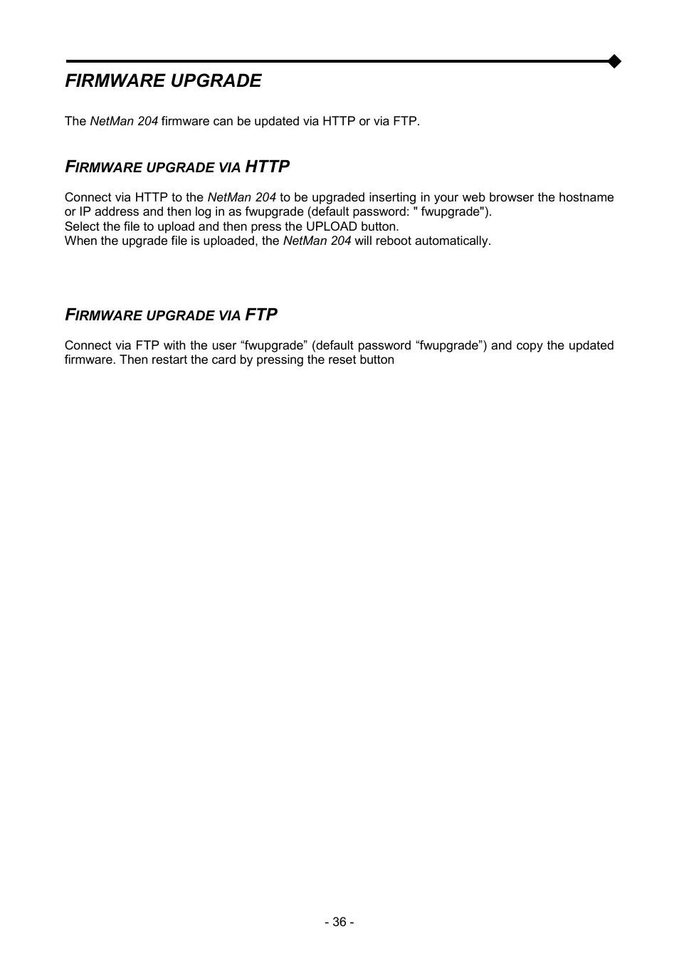 Firmware upgrade, Firmware upgrade via http, Firmware upgrade via ftp | Riello UPS NetMan 204 User Manual | Page 36 / 48