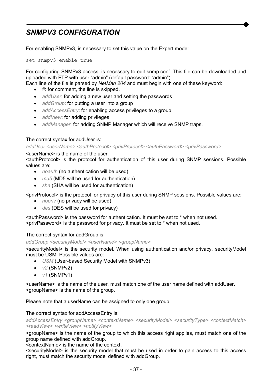 Snmpv3 configuration | Riello UPS NetMan 204 User Manual | Page 37 / 48