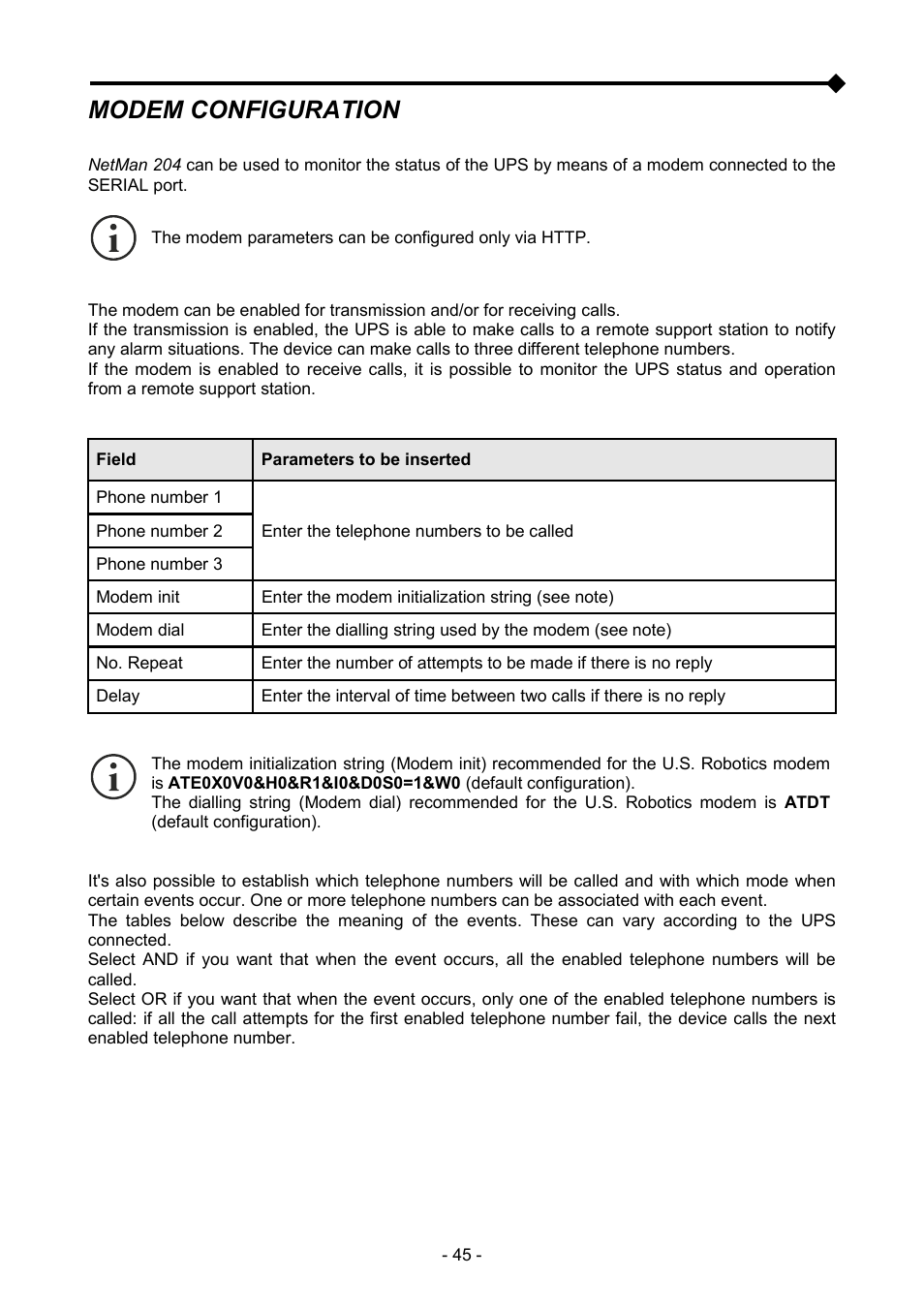 Modem configuration | Riello UPS NetMan 204 User Manual | Page 45 / 48