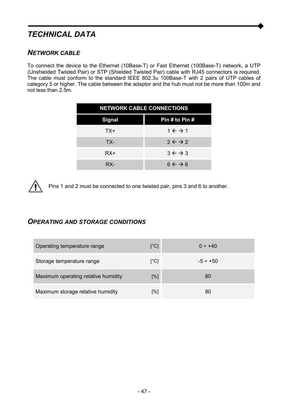 Technical data, Network cable, Operating and storage conditions | Riello UPS NetMan 204 User Manual | Page 47 / 48
