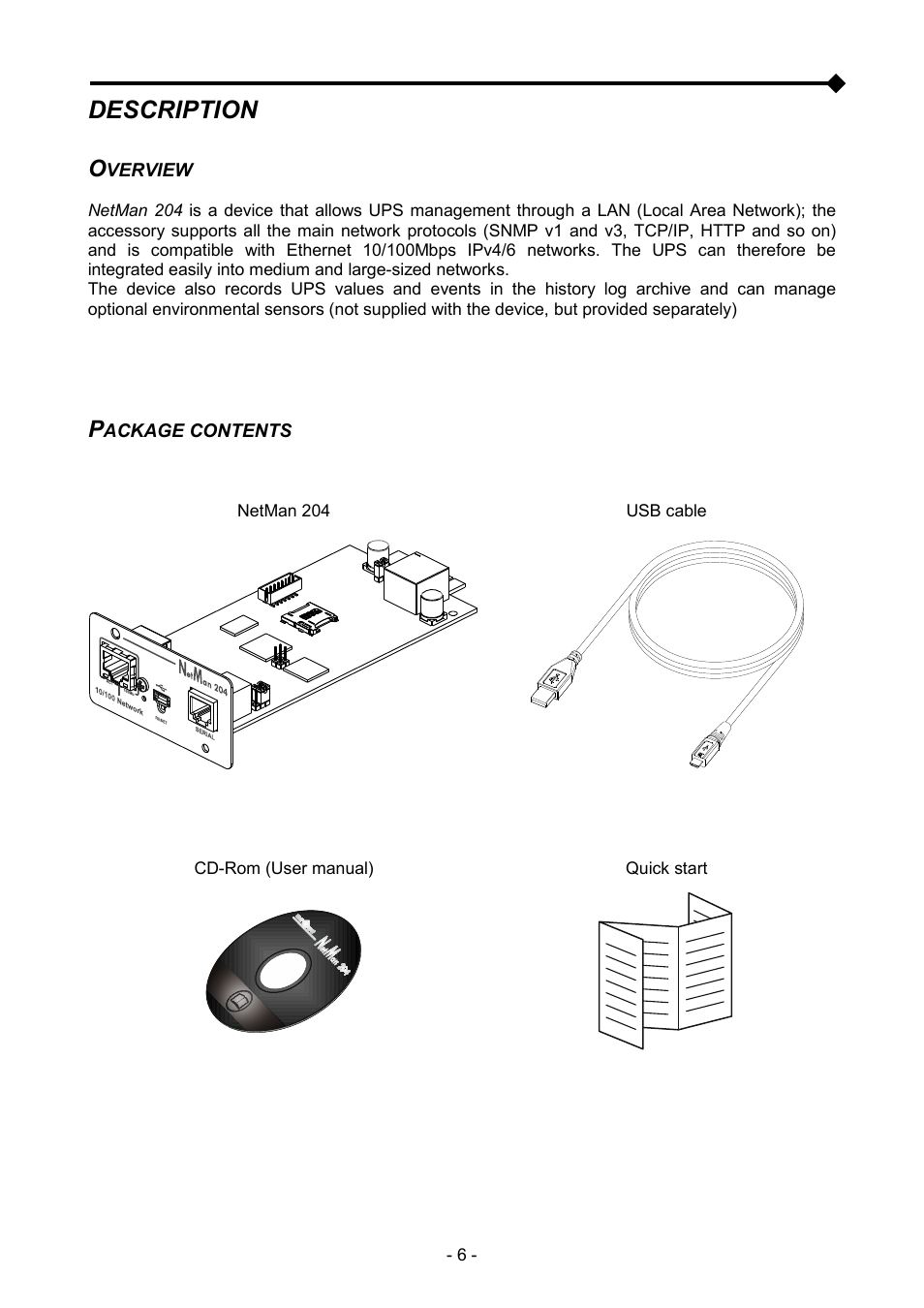 Description, Overview, Package contents | Riello UPS NetMan 204 User Manual | Page 6 / 48