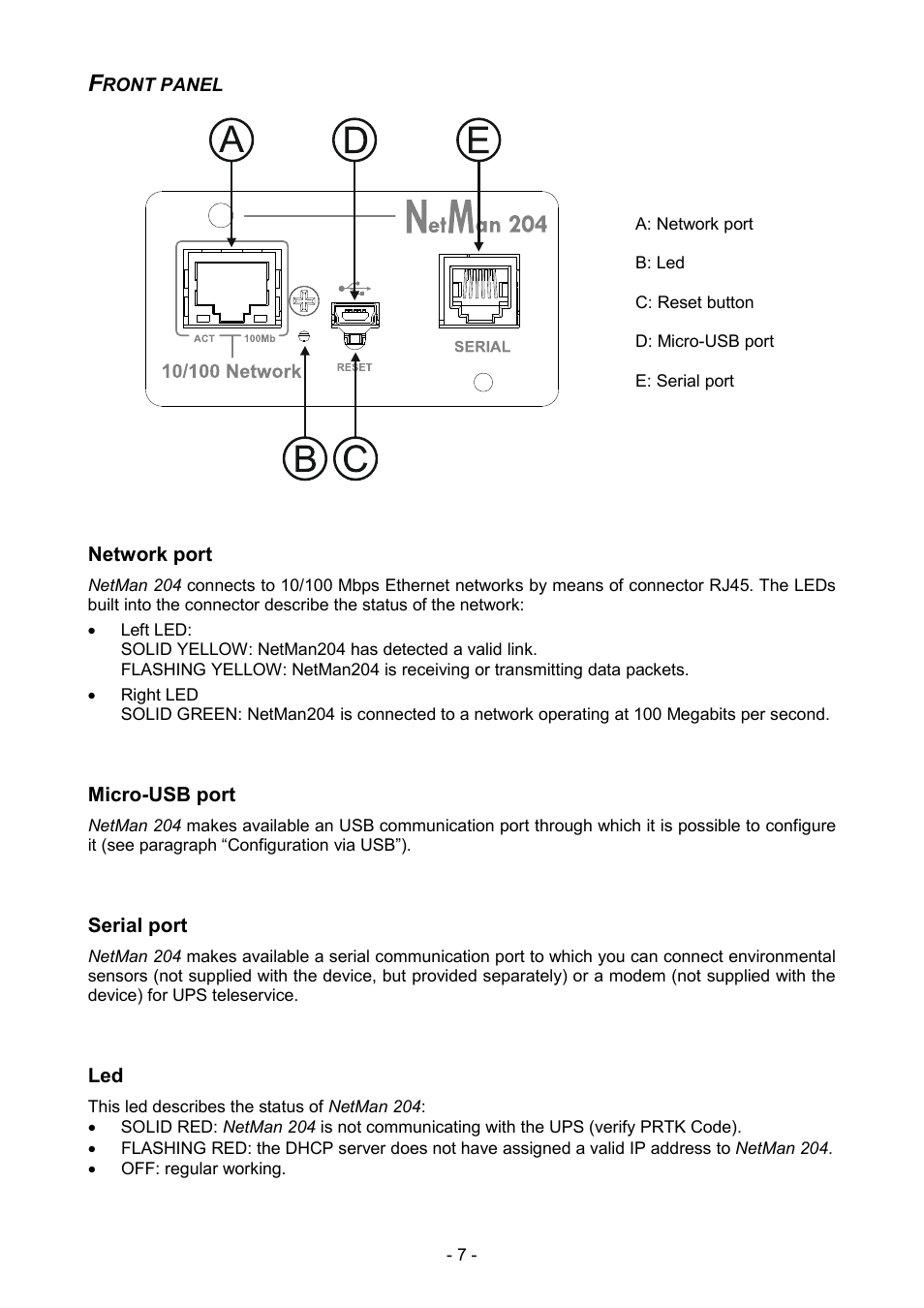 Front panel, Network port, Micro-usb port | Serial port | Riello UPS NetMan 204 User Manual | Page 7 / 48