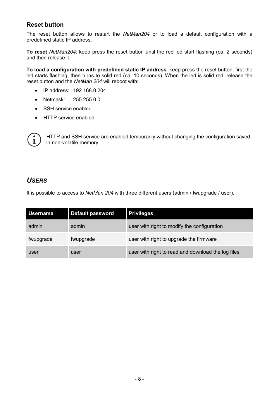 Reset button, Users | Riello UPS NetMan 204 User Manual | Page 8 / 48