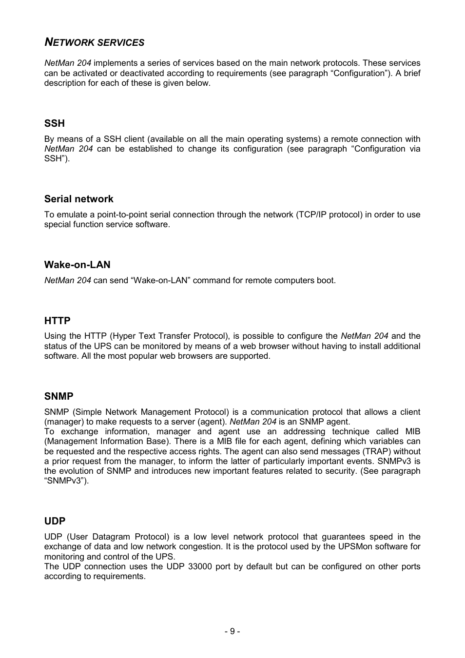 Network services, Serial network, Wake-on-lan | Http, Snmp | Riello UPS NetMan 204 User Manual | Page 9 / 48
