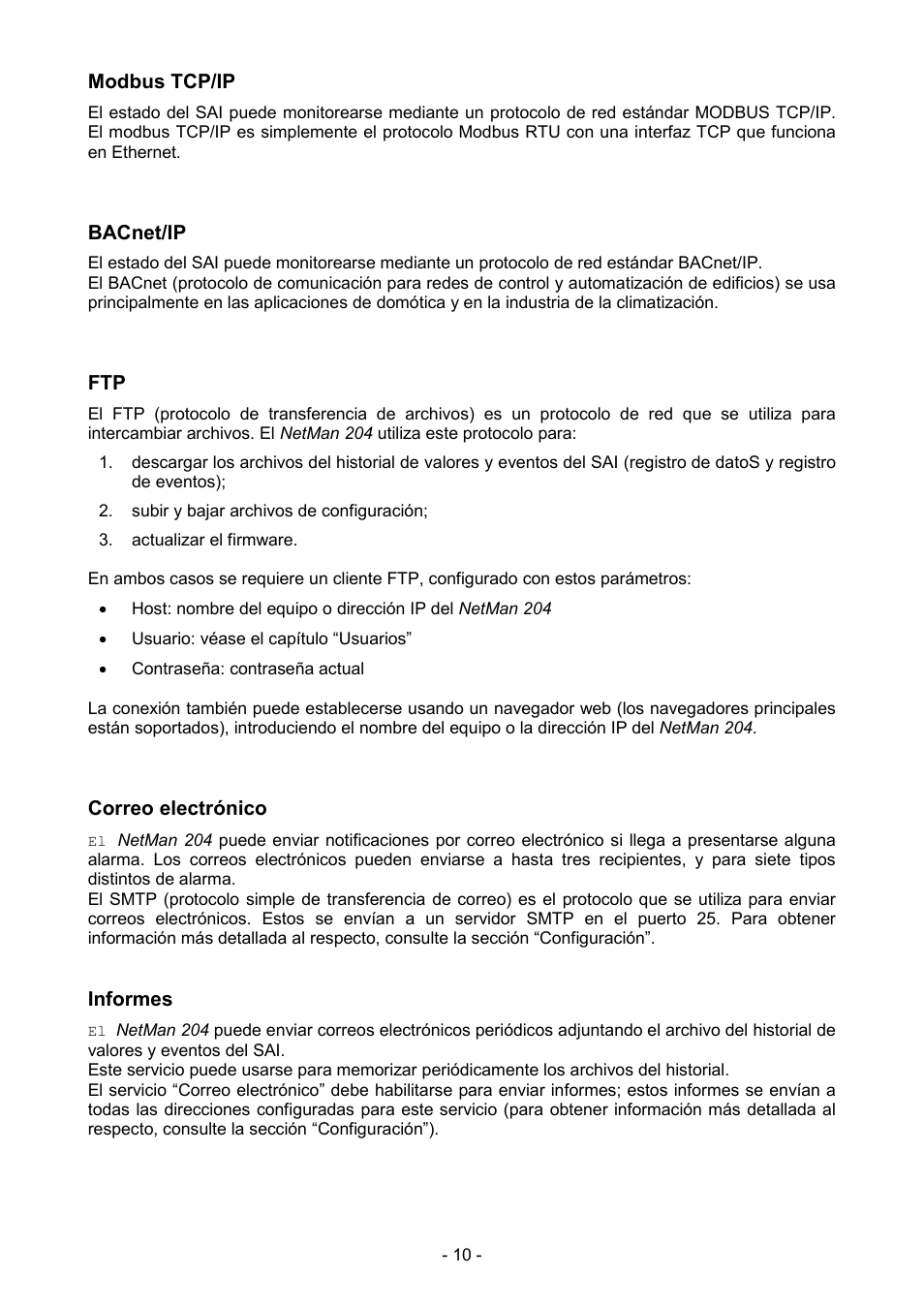 Modbus tcp/ip, Bacnet/ip, Correo electrónico | Informes | Riello UPS NetMan 204 User Manual | Page 10 / 48