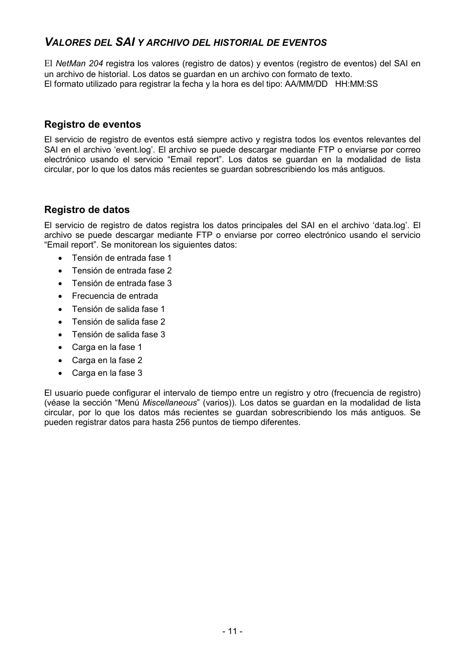 Valores del sai y archivo del historial de eventos, Registro de eventos, Registro de datos | Riello UPS NetMan 204 User Manual | Page 11 / 48