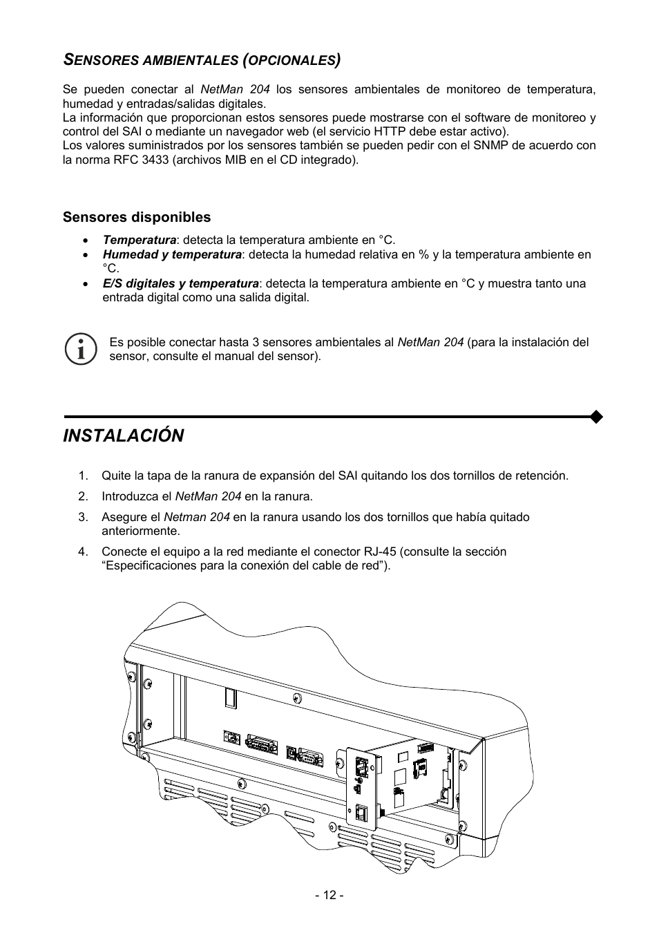 Sensores ambientales (opcionales), Sensores disponibles, Instalación | Riello UPS NetMan 204 User Manual | Page 12 / 48