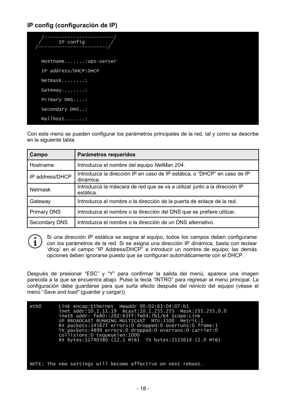Ip config (configuración de ip) | Riello UPS NetMan 204 User Manual | Page 18 / 48