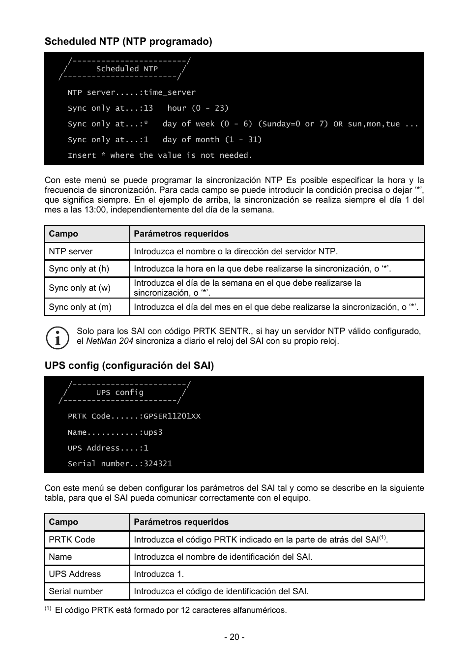 Scheduled ntp (ntp programado), Ups config (configuración del sai) | Riello UPS NetMan 204 User Manual | Page 20 / 48