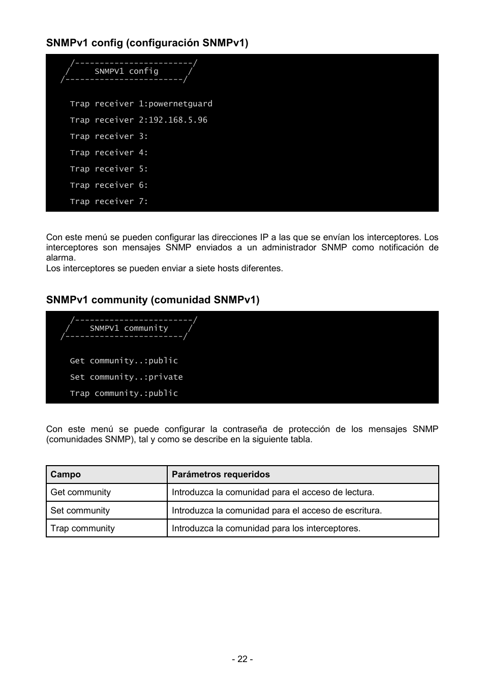 Snmpv1 config (configuración snmpv1), Snmpv1 community (comunidad snmpv1) | Riello UPS NetMan 204 User Manual | Page 22 / 48