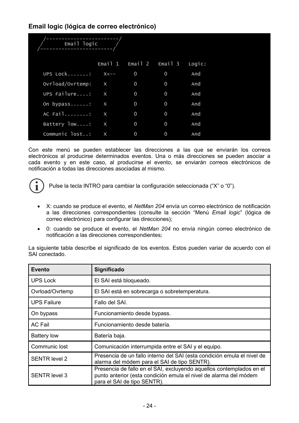 Email logic (lógica de correo electrónico) | Riello UPS NetMan 204 User Manual | Page 24 / 48