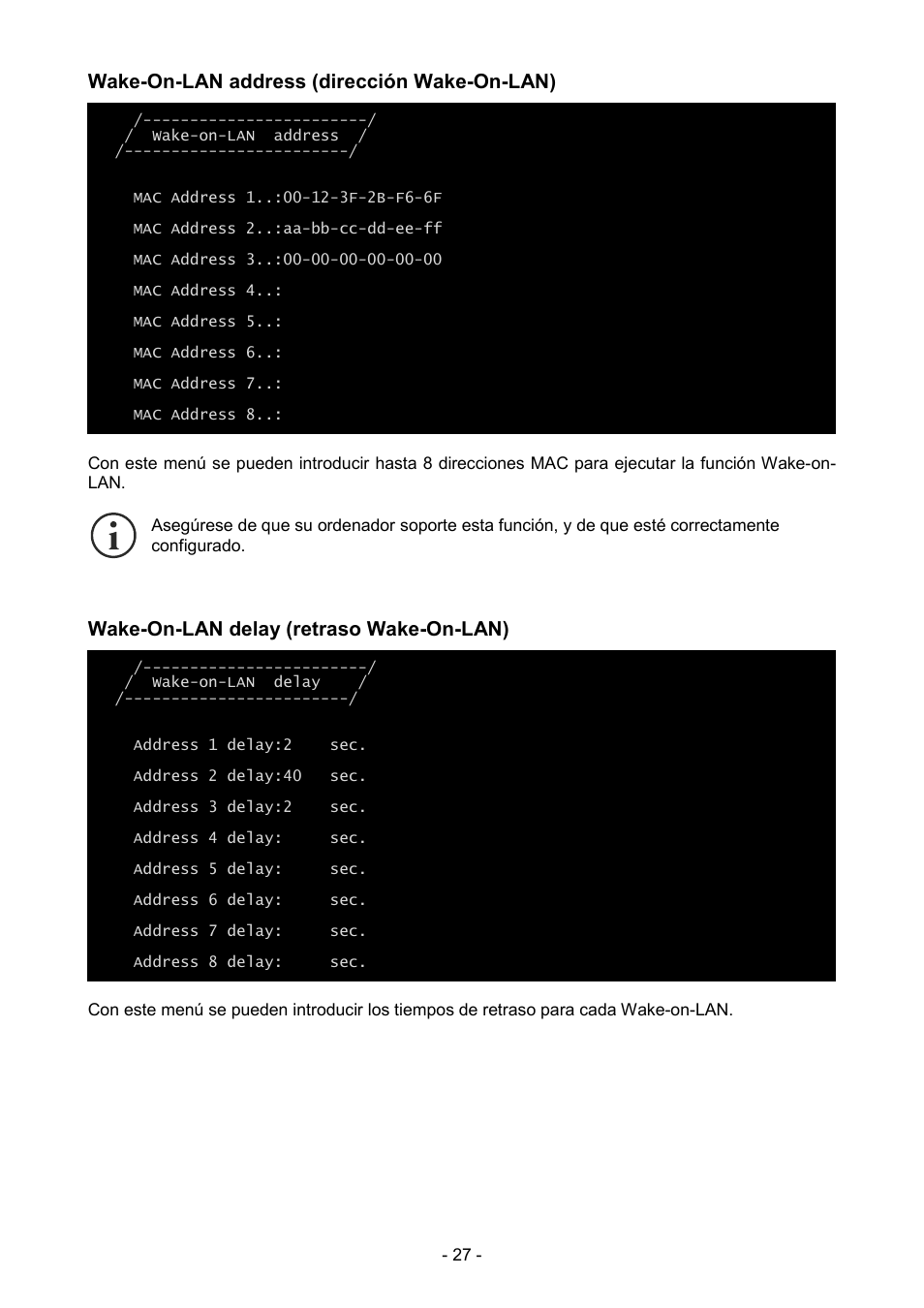 Wake-on-lan address (dirección wake-on-lan), Wake-on-lan delay (retraso wake-on-lan) | Riello UPS NetMan 204 User Manual | Page 27 / 48