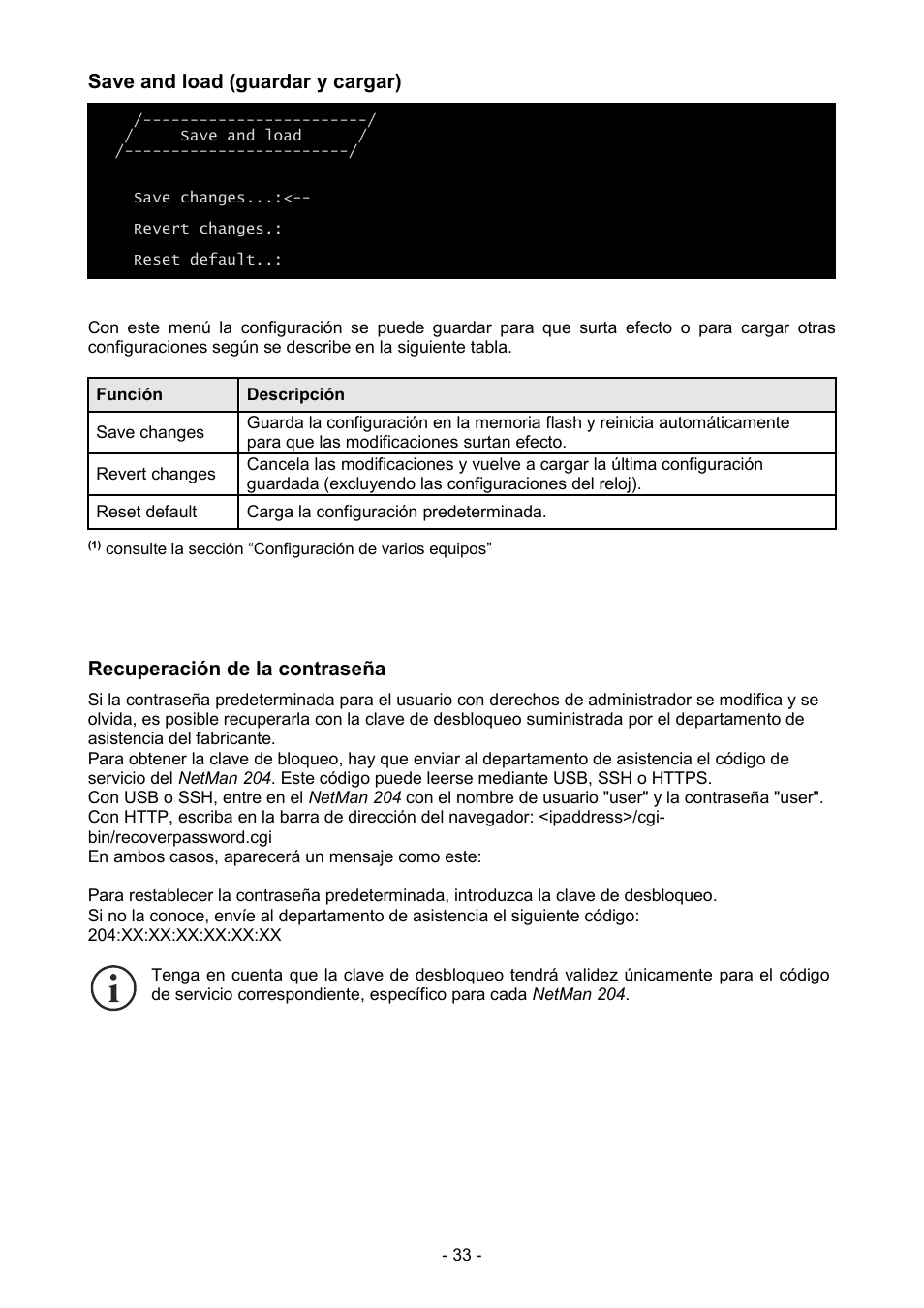 Save and load (guardar y cargar), Recuperación de la contraseña | Riello UPS NetMan 204 User Manual | Page 33 / 48