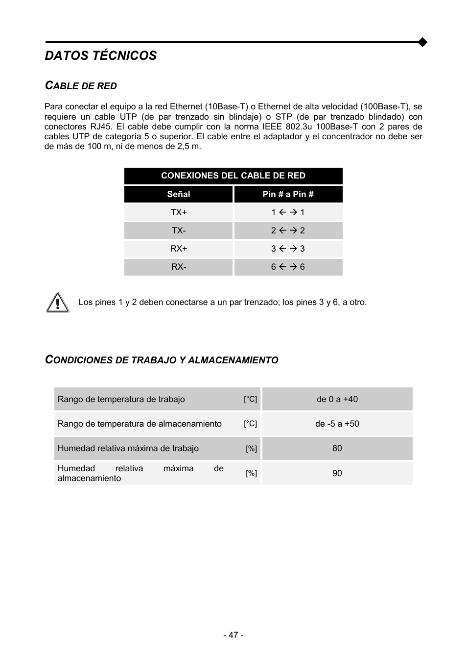 Datos técnicos, Cable de red, Condiciones de trabajo y almacenamiento | Riello UPS NetMan 204 User Manual | Page 47 / 48