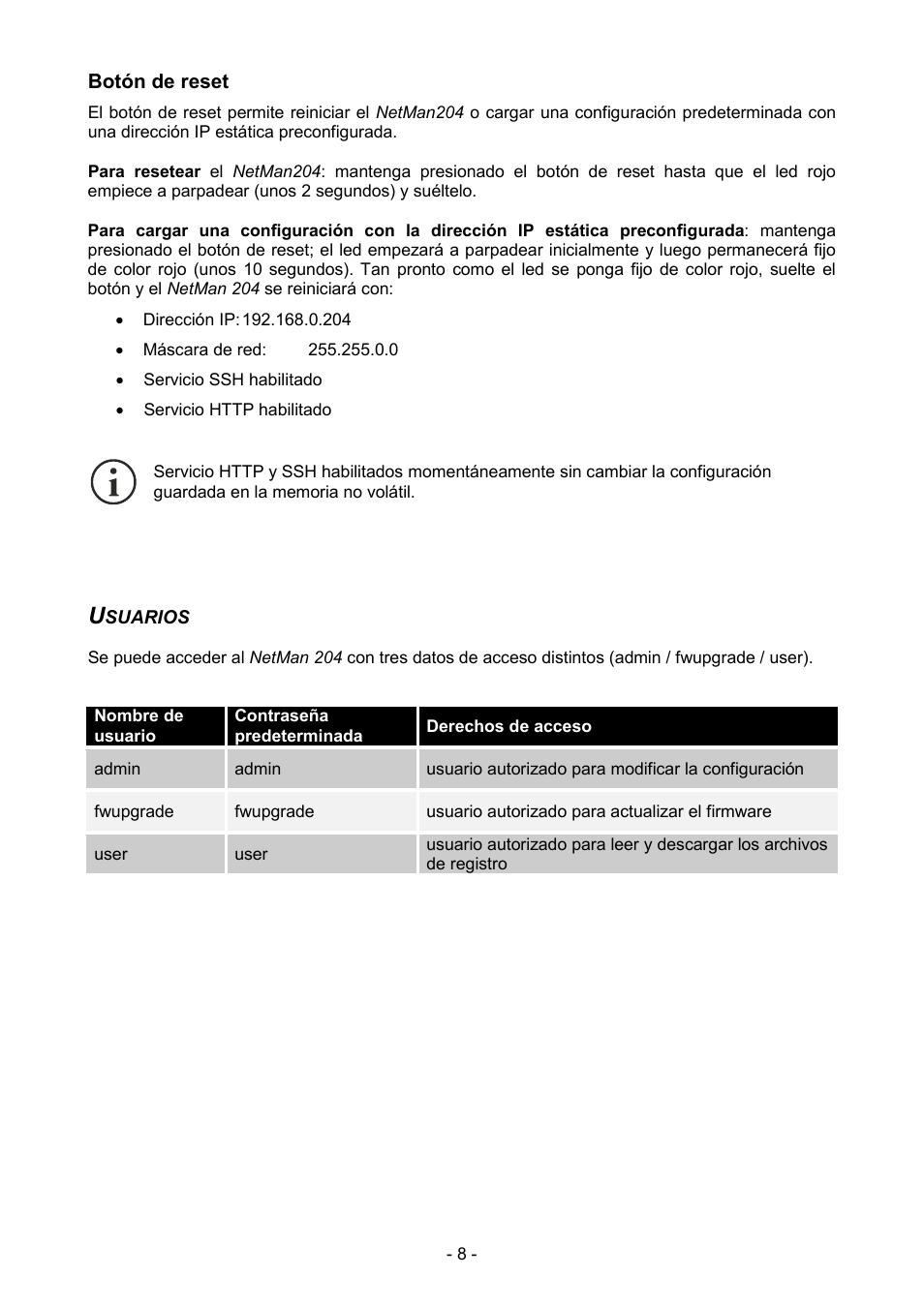 Botón de reset, Usuarios | Riello UPS NetMan 204 User Manual | Page 8 / 48