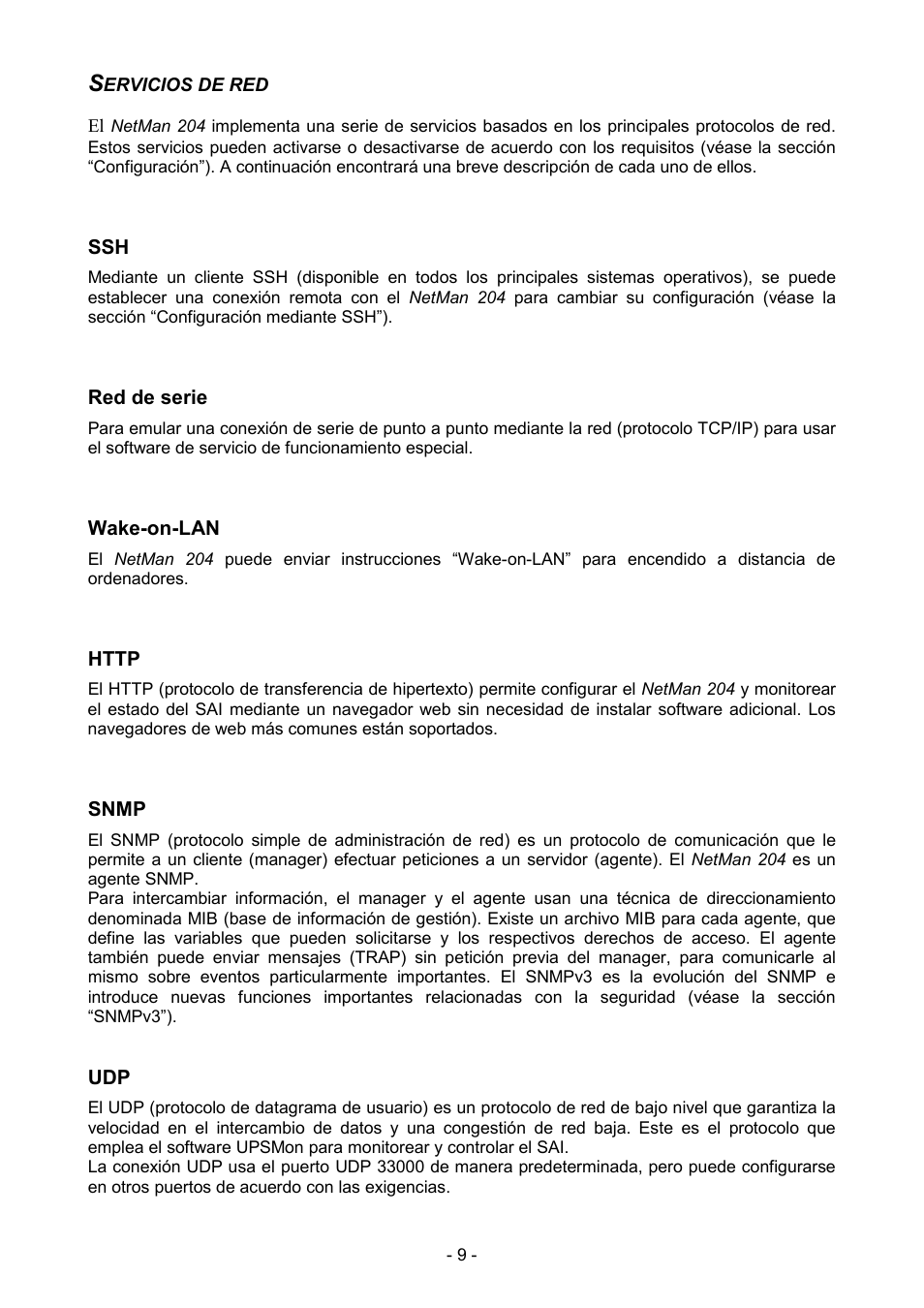 Servicios de red, Red de serie, Wake-on-lan | Http, Snmp | Riello UPS NetMan 204 User Manual | Page 9 / 48