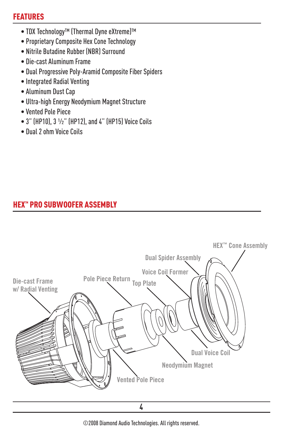 Product owners manual subwoofer, Hp122 technical data, Hp122 enclosures | Hp152 technical data, Hp152 enclosures, Hp102 technical data, Hp102 enclosures, Features hex™ pro bass driver assembly, A foreword about hex pro subwoofers, Technology | Diamond HP15 User Manual | Page 4 / 8